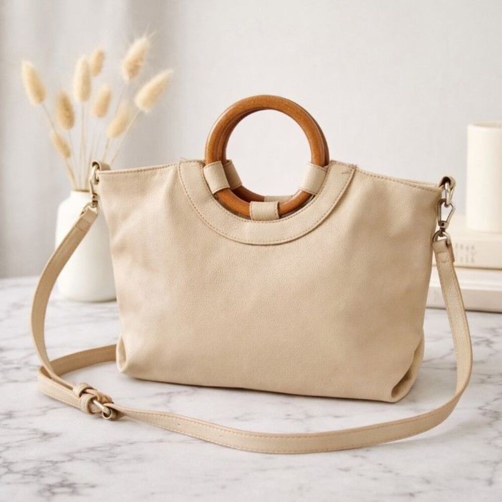 By Anthropologie Amalia Beige Leather Wood Ring Handle Shoulder Crossbody Bag